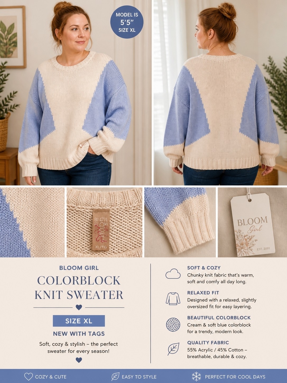 Cream & Light Blue Colorblock Knit Sweater Size XL New With Tags